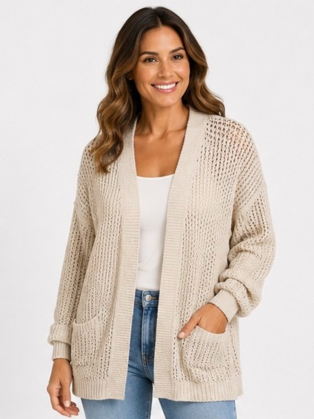 Ava & Viv Women's 2X Cream Beige Chunky Knit Cardigan Sweater Open Front Pockets